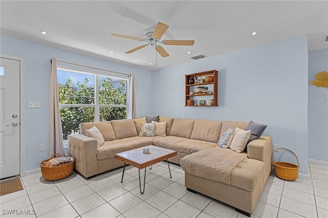 living room featuring ceiling fan