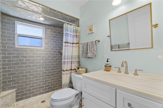 bathroom featuring walk in shower, vanity, and toilet