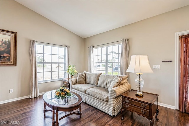 living room featuring dark hardwood / wood-style flooring and vaulted ceiling