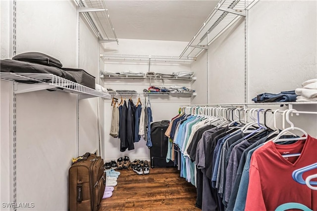 walk in closet with dark wood-type flooring