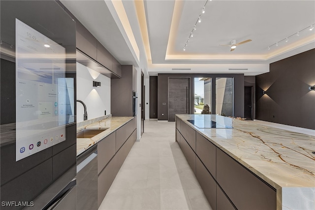 kitchen featuring light stone countertops, a tray ceiling, stainless steel appliances, ceiling fan, and sink