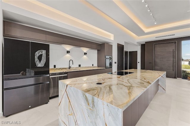 kitchen with a raised ceiling, sink, rail lighting, a large island, and stainless steel appliances