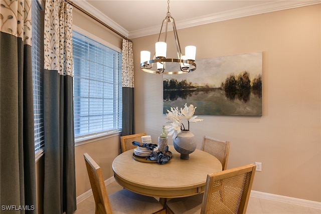 dining space featuring crown molding, light tile patterned floors, and a notable chandelier