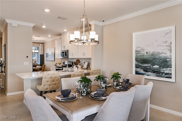 tiled dining area featuring a notable chandelier and crown molding