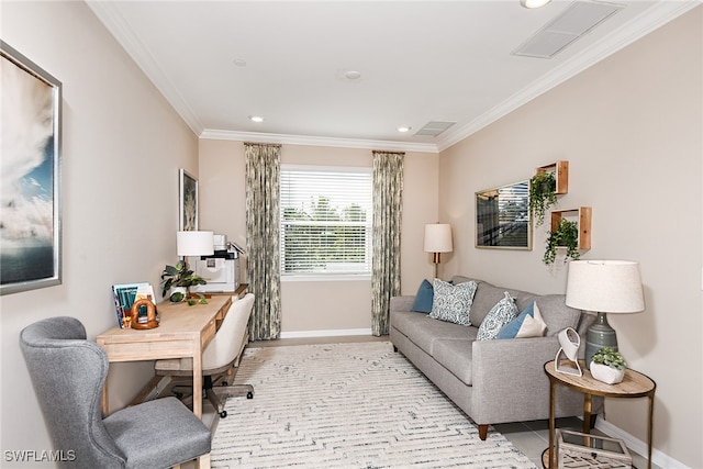 home office with crown molding