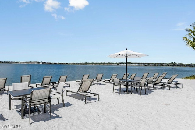 view of patio featuring a water view