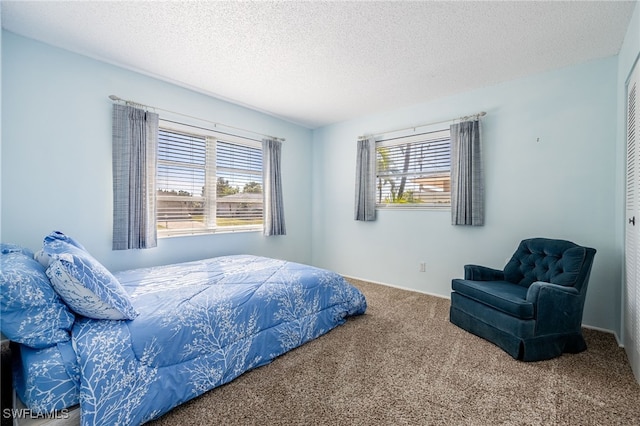 carpeted bedroom with a textured ceiling and multiple windows