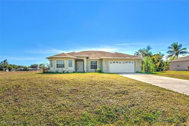 ranch-style house with a front yard and a garage