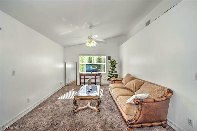 living room with carpet flooring, ceiling fan, and vaulted ceiling