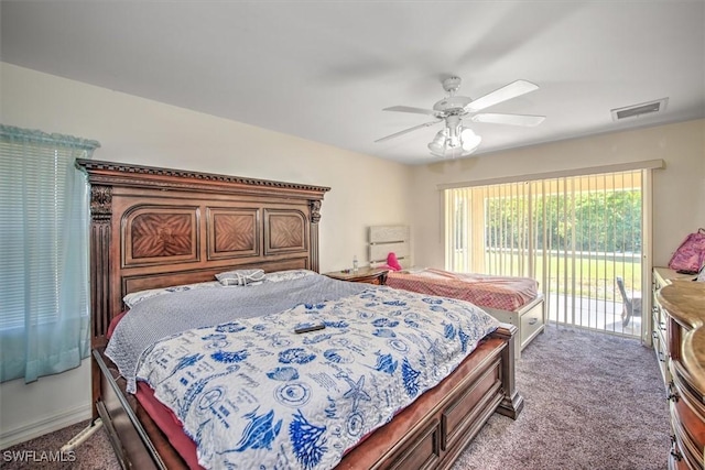 carpeted bedroom with ceiling fan and access to exterior