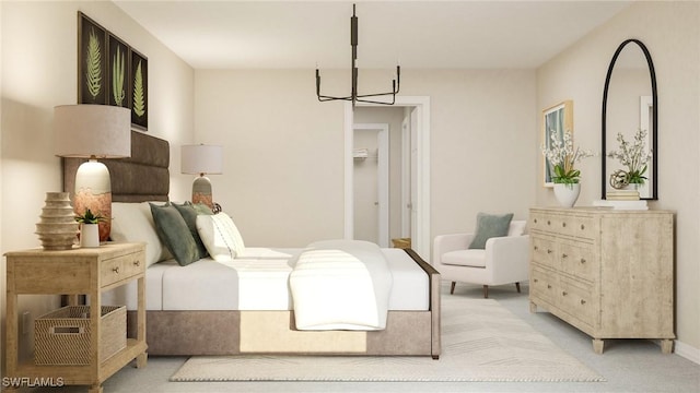 bedroom featuring a notable chandelier and light carpet