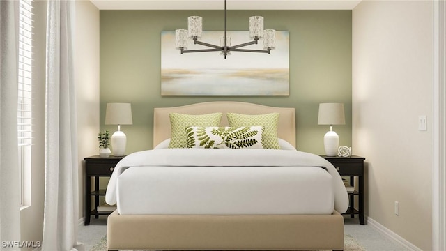 carpeted bedroom featuring an inviting chandelier