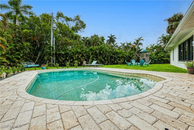 view of swimming pool with a patio area and a playground