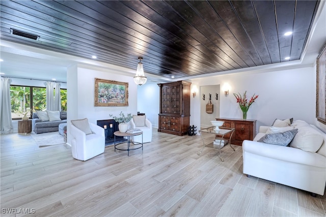 living room featuring light hardwood / wood-style flooring and wooden ceiling