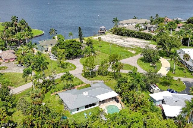 aerial view featuring a water view