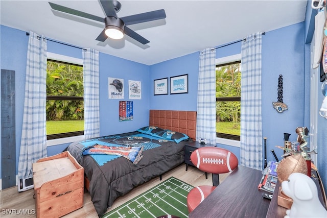 bedroom with ceiling fan and light wood-type flooring