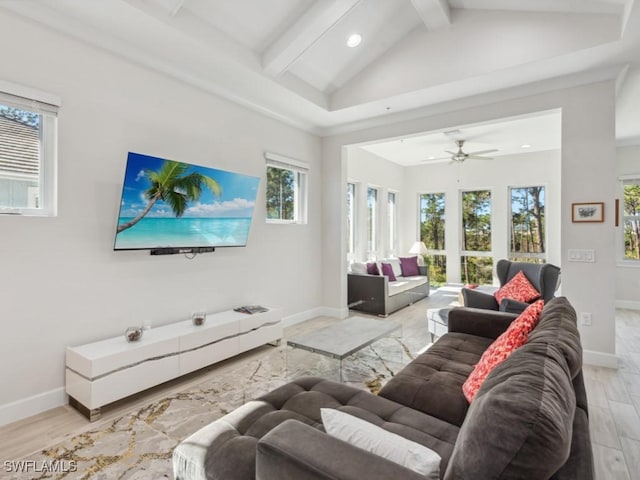 living room featuring beamed ceiling, ceiling fan, light wood-type flooring, and high vaulted ceiling