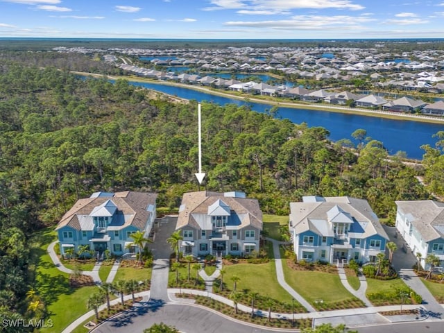 aerial view featuring a water view