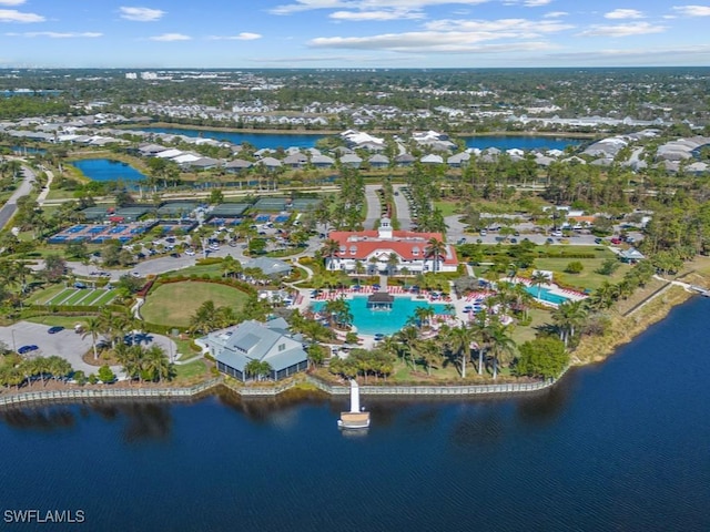 bird's eye view with a water view