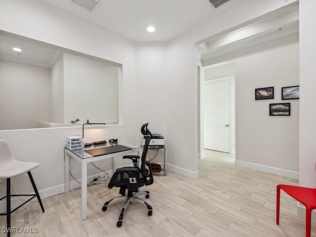 home office featuring light hardwood / wood-style floors