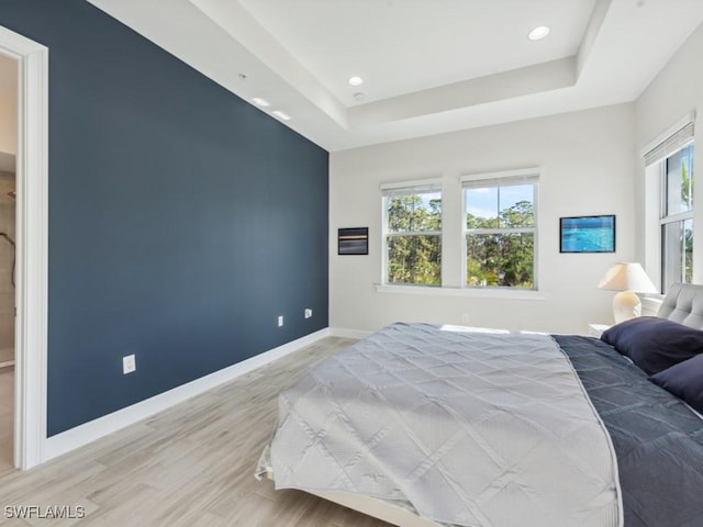 bedroom featuring wood-type flooring and a tray ceiling