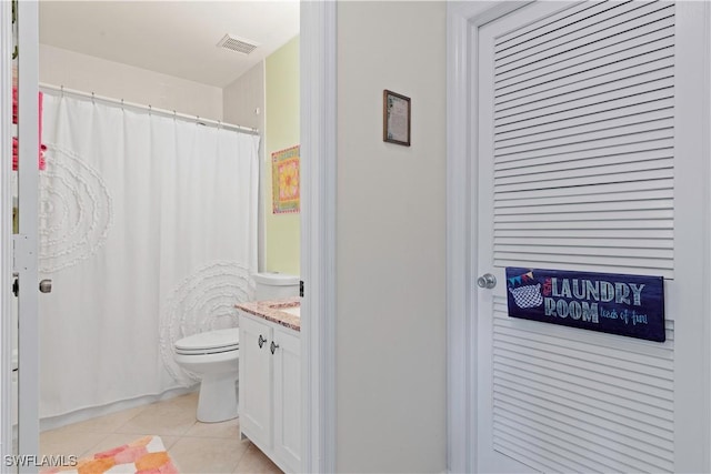 full bath featuring toilet, tile patterned floors, vanity, visible vents, and a shower with curtain