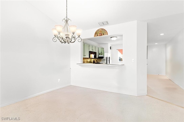 unfurnished room with a chandelier, baseboards, visible vents, and recessed lighting