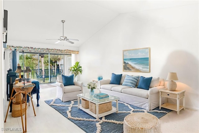 living room featuring high vaulted ceiling and ceiling fan