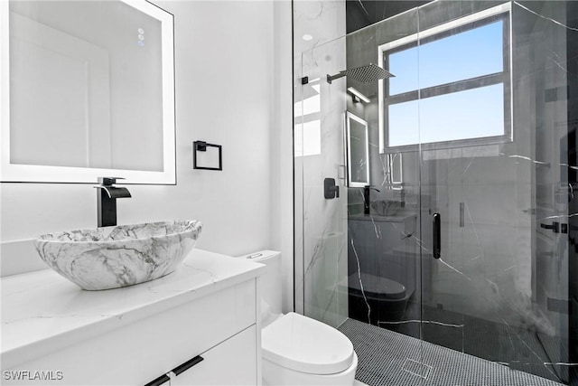 bathroom with vanity, a shower with shower door, and toilet