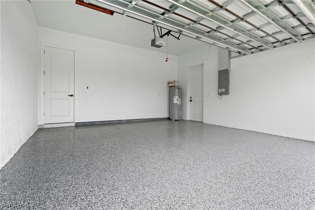 garage featuring electric panel, a garage door opener, and water heater