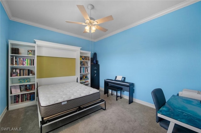 carpeted bedroom with ceiling fan and ornamental molding