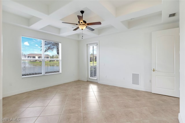 tiled empty room featuring beamed ceiling, ceiling fan, and coffered ceiling