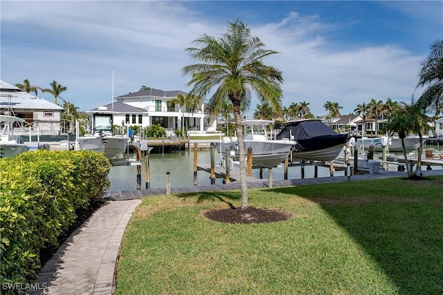 dock area featuring a yard and a water view