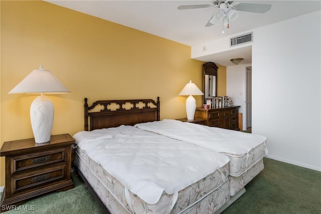 bedroom with dark carpet and ceiling fan