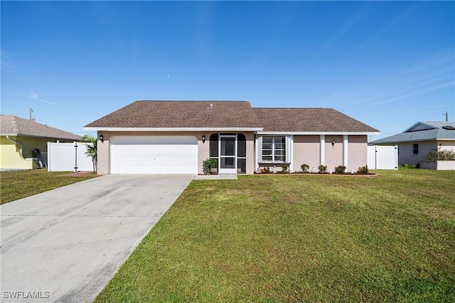 single story home featuring a garage and a front lawn