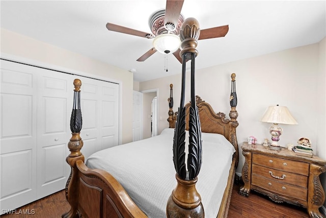 bedroom featuring ceiling fan and dark hardwood / wood-style flooring