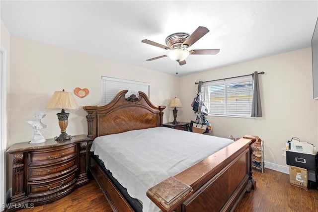 bedroom featuring ceiling fan and dark wood-type flooring