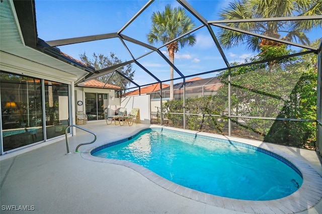 view of pool featuring a lanai and a patio area