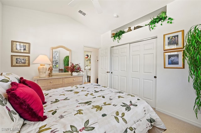 bedroom featuring carpet flooring, ceiling fan, a closet, and lofted ceiling