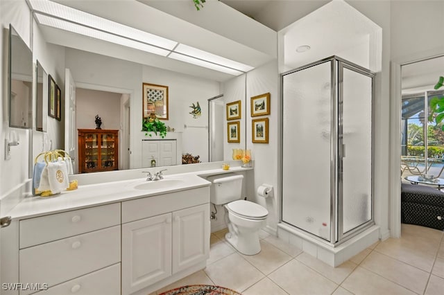 bathroom with tile patterned floors, vanity, toilet, and a shower with shower door