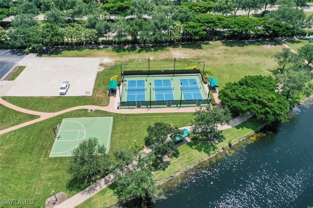 bird's eye view with a water view