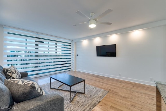 living room with ceiling fan and light hardwood / wood-style floors