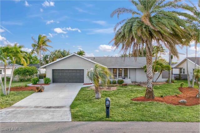 ranch-style home with a front lawn and a garage