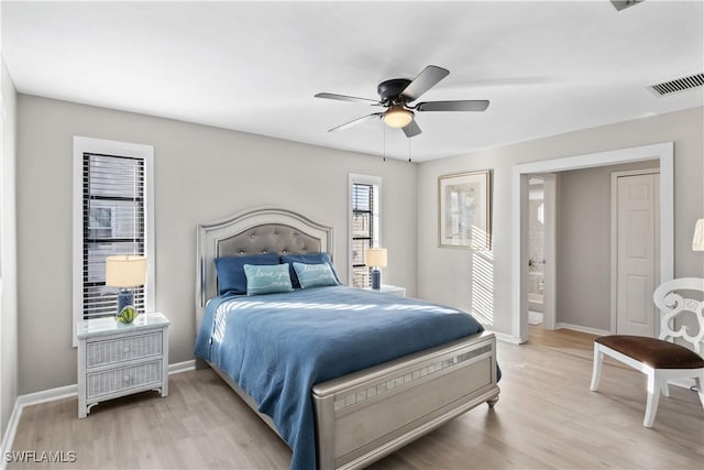 bedroom featuring ceiling fan and light hardwood / wood-style flooring