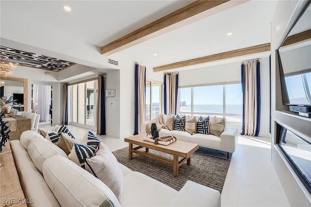 living room featuring beam ceiling