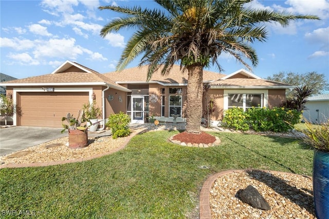 ranch-style home featuring a front yard, concrete driveway, an attached garage, and stucco siding