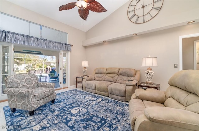 living room featuring tile patterned flooring, ceiling fan, and high vaulted ceiling