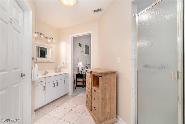 bathroom with visible vents, a shower stall, vanity, and tile patterned floors