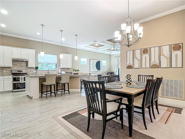 20462 Misty Woods Ct, Estero, FL 33928 - dining area with crown molding, a chandelier, recessed lighting, and coffered ceiling