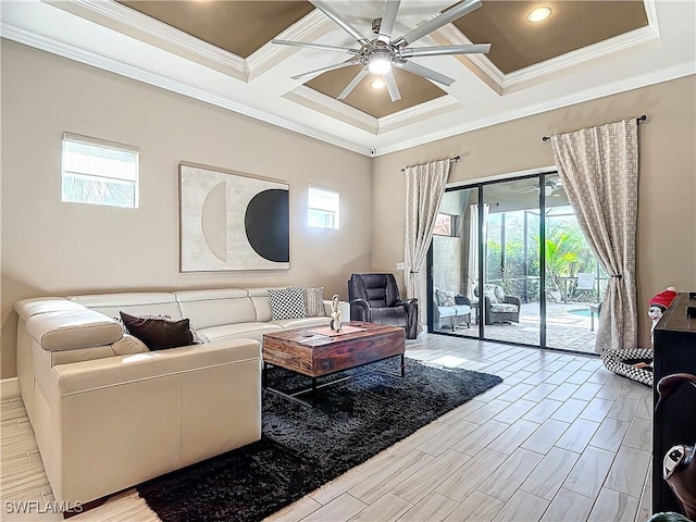 20462 Misty Woods Ct, Estero, FL 33928 - living area featuring plenty of natural light, a ceiling fan, ornamental molding, coffered ceiling, and beam ceiling